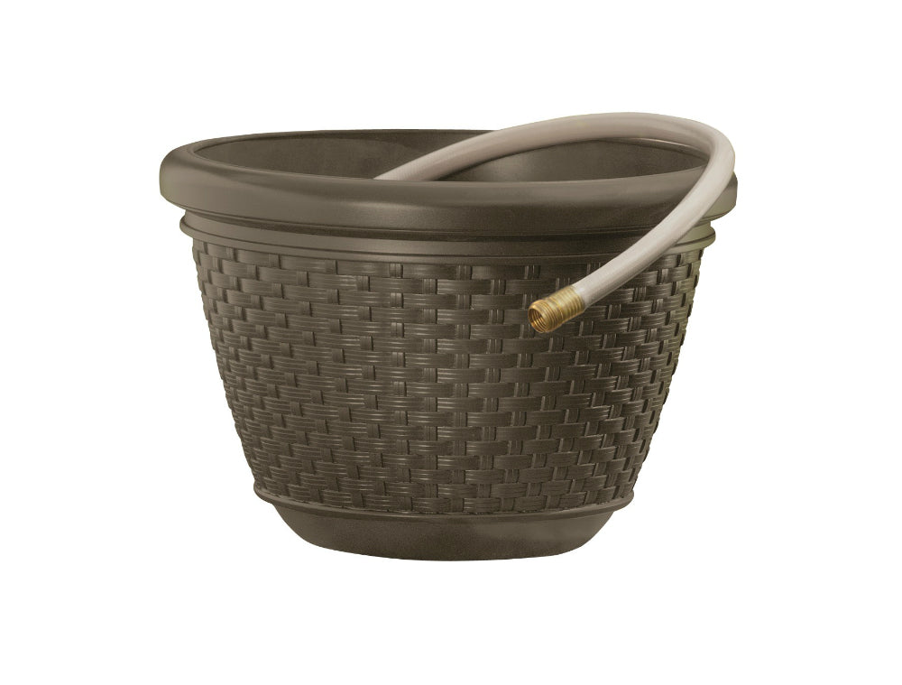 Suncast HPW100 Resin Wicker Design Garden Hose Pot, Java, 100' Capacity
