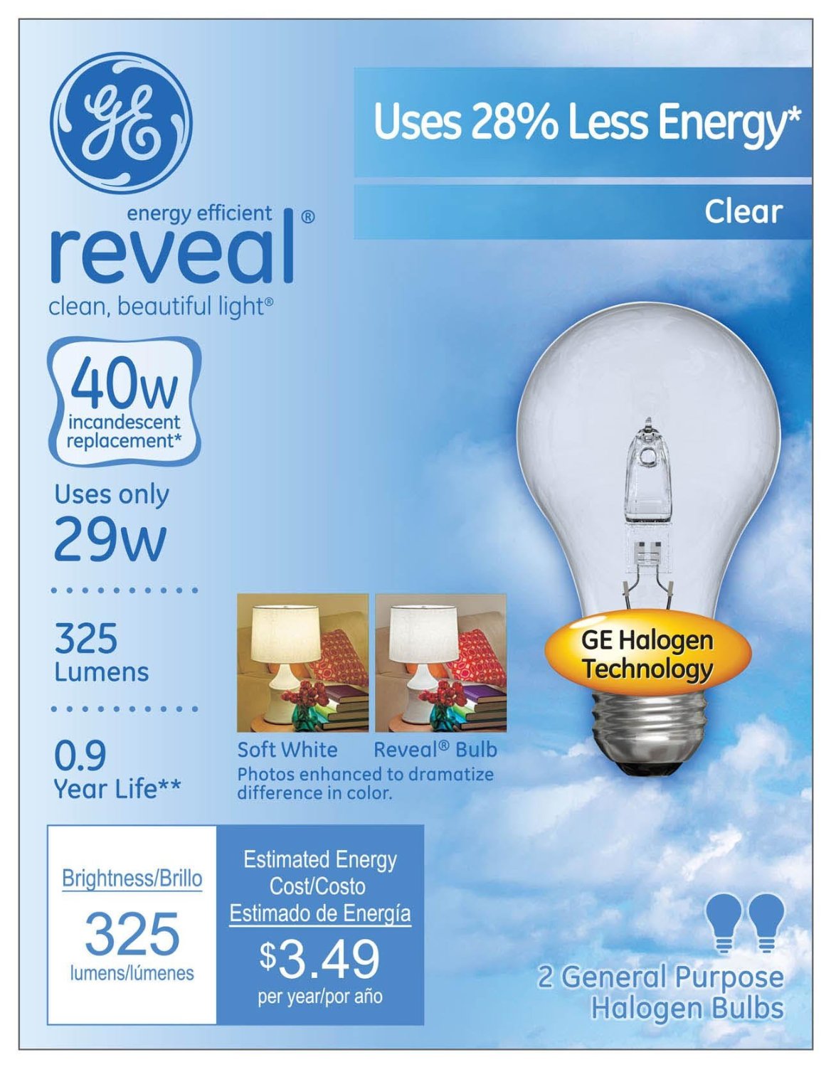 GE Lighting 62607 Energy-Efficient Reveal® A19 Halogen Bulb, Clear, 29W, 2-Pack