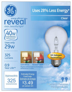 GE Lighting 62607 Energy-Efficient Reveal® A19 Halogen Bulb, Clear, 29W, 2-Pack