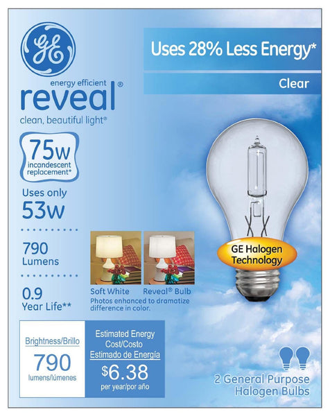 GE Lighting 62617 Energy-Efficient Reveal A19 Halogen Bulb, Clear, 53W, 2-Pack