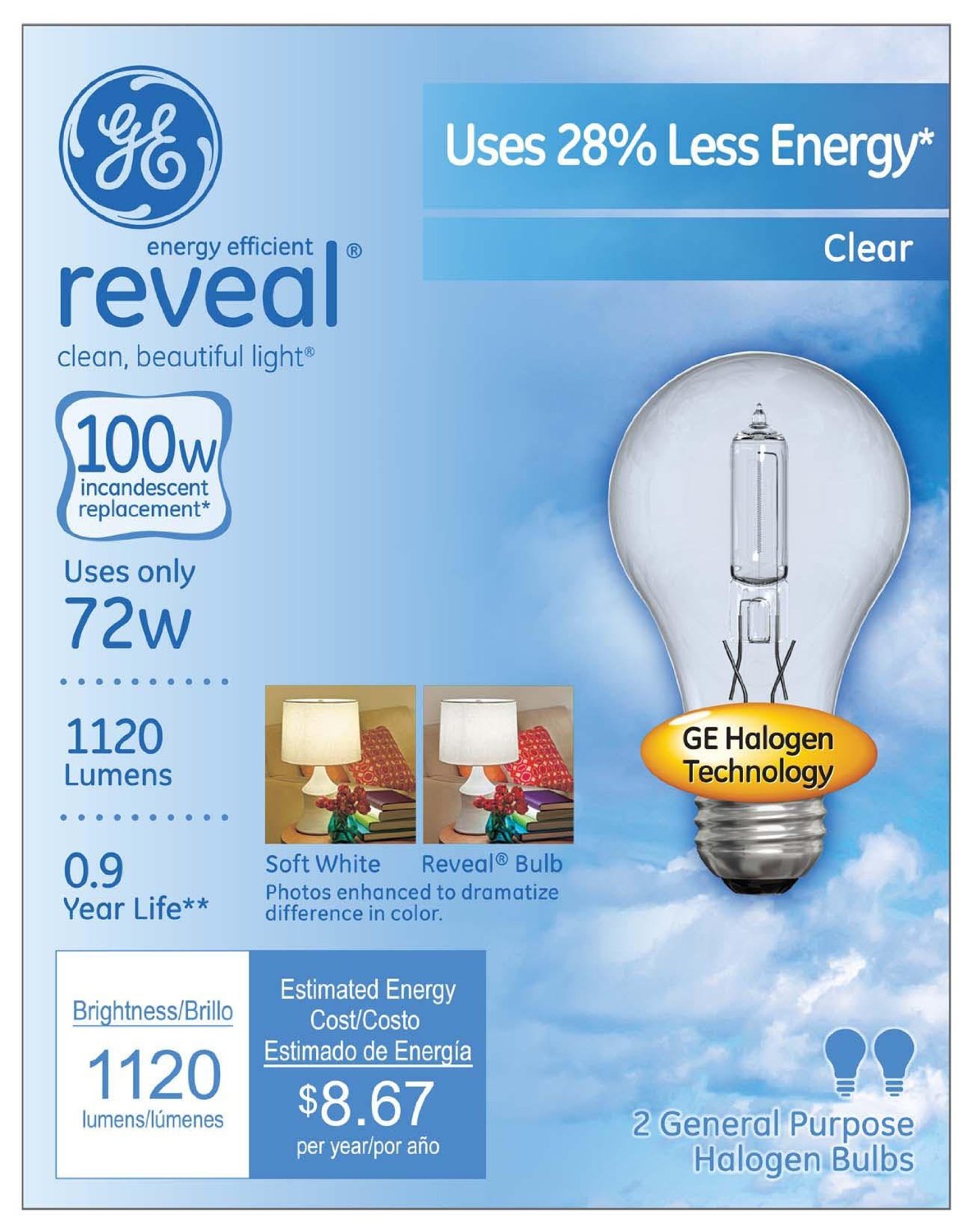 GE Lighting 62618 Energy-Efficient Reveal® A19 Halogen Bulb, Clear, 72W, 2-Pack