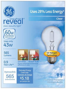 GE Lighting 62616 Energy-Efficient Reveal® A19 Halogen Bulb, Clear, 43W, 2-Pack