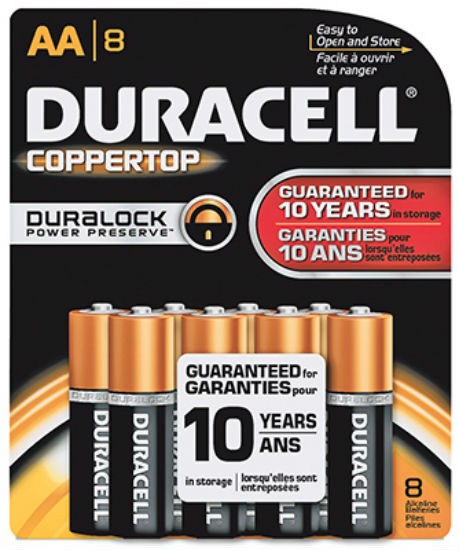 Duracell® MN1500B8Z Copper Top Alkaline AA Battery, 1.5 Volt, 8-Pack