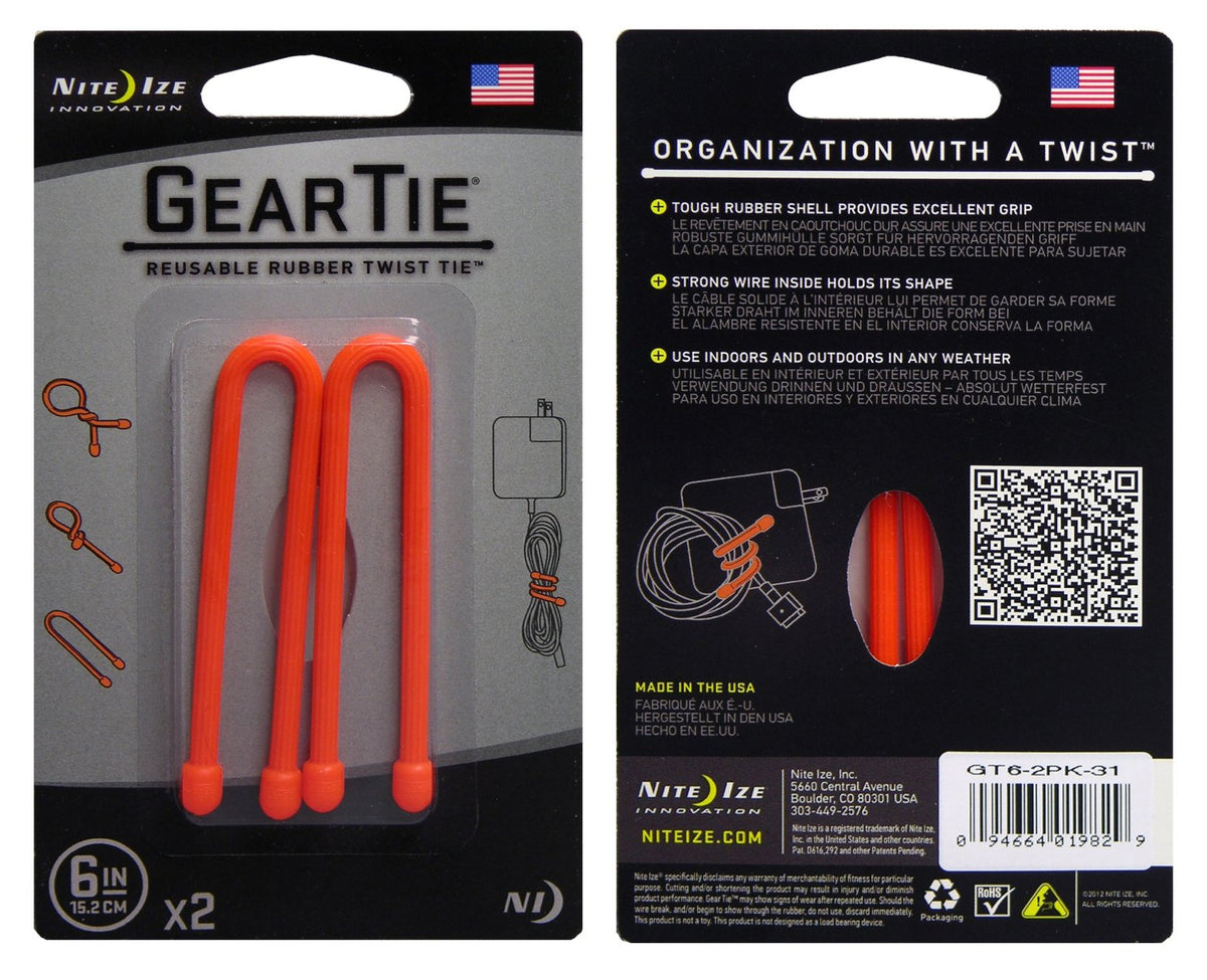 Nite Ize® GT6-2PK-31 Gear Tie® Reusable Rubber Twist Tie, 6", Bright Orange, 2-Pack