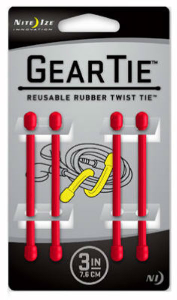 Nite Ize GT3-4PK-10 Gear Tie Reusable Rubber Twist Tie, Red, 3", 4-Pack
