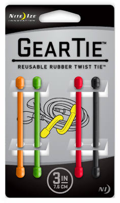 Nite Ize GGT3-4PK-A1 Gear Tie Reusable Rubber Twist Tie, 3", Assorted, 4-Pack
