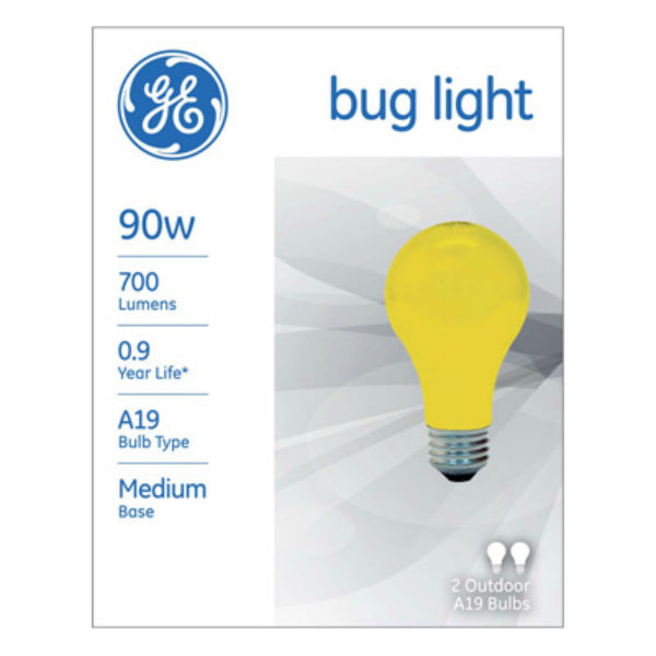 GE Lighting 61435 Incandescent A19 Yellow Bug Light Bulb, 90W, 2-Pack