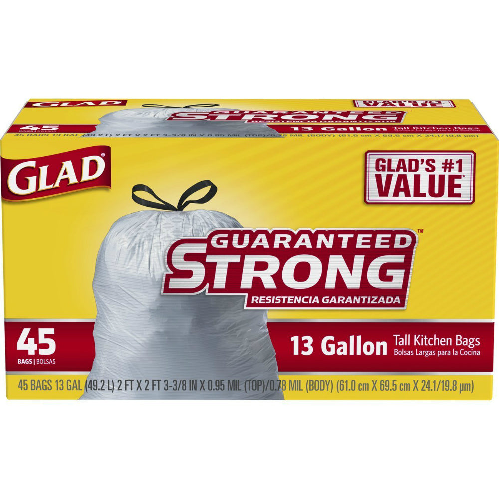 Glad® 78362 Tall Kitchen Drawstring Bags, 45-Count, 13 Gallon, 0.9 Mil