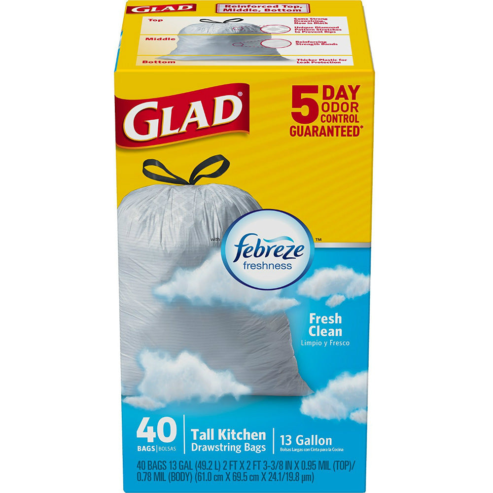 Glad® 78361 Odor Shield Tall Kitchen Drawstring Bag, 13 Gallon, 40 Count