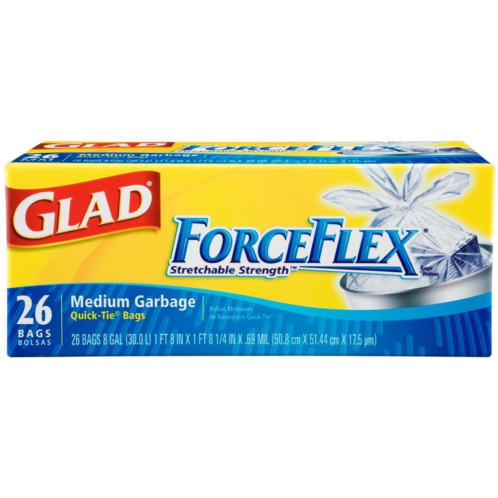 Clorox Glad ForceFlex Quick Tie Trash Bags, 8 Gallon - 26 count