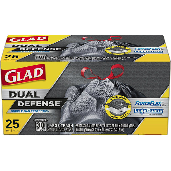 Glad 70359 ForceFlex Dual Defense Large Drawstring Trash Bags, 30 Gallon, 25 Ct