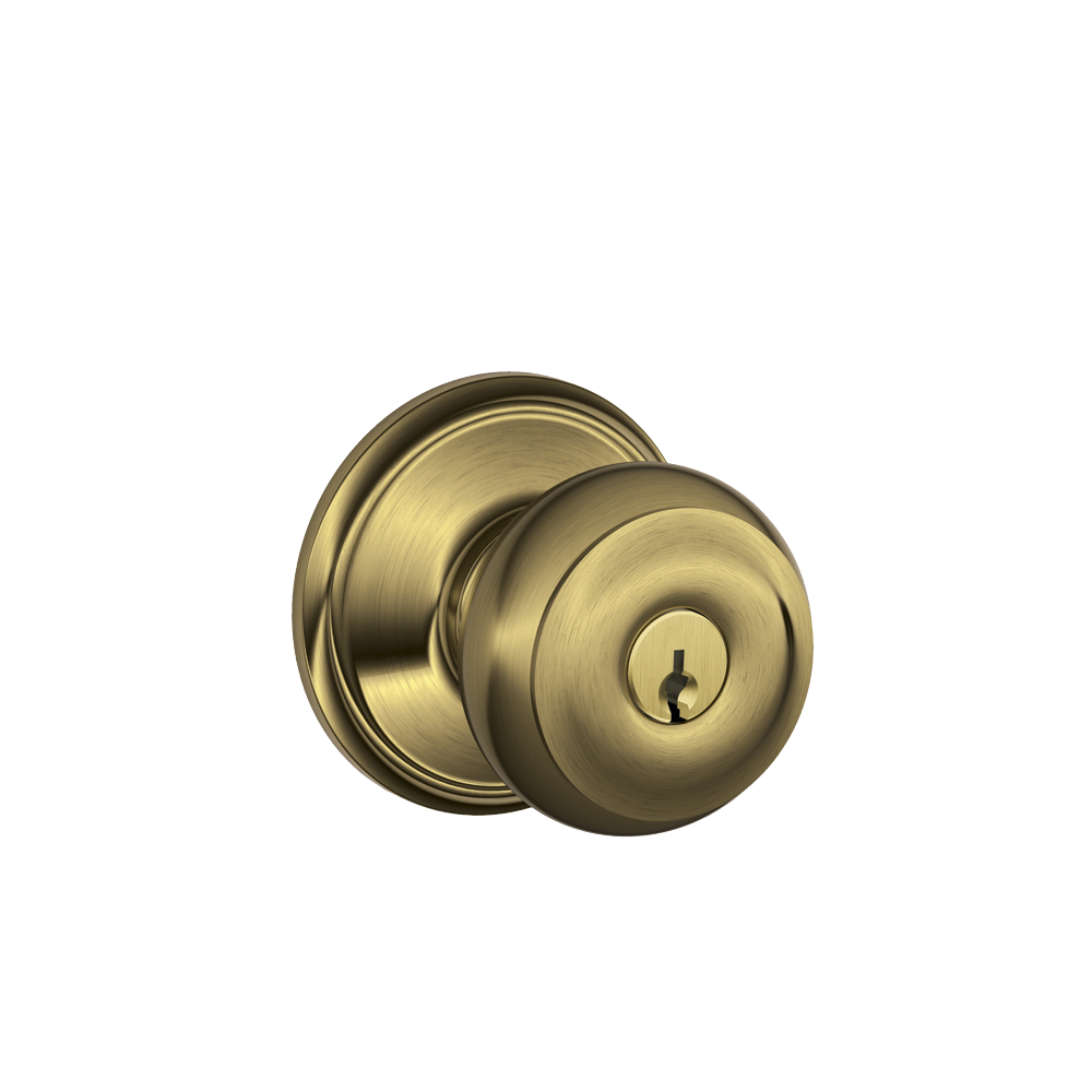 Schlage F51A VGEO609K4 Georgian Design Entry Lockset Knob, Antique Brass