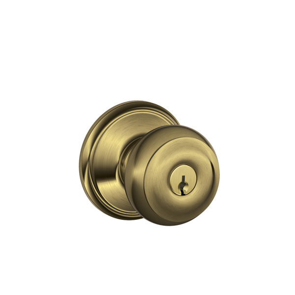 Schlage F51A VGEO609K4 Georgian Design Entry Lockset Knob, Antique Brass
