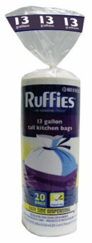 Ruffies® 929602 Tall Kitchen Trash Bag, 13 Gallon, White, 20-Count