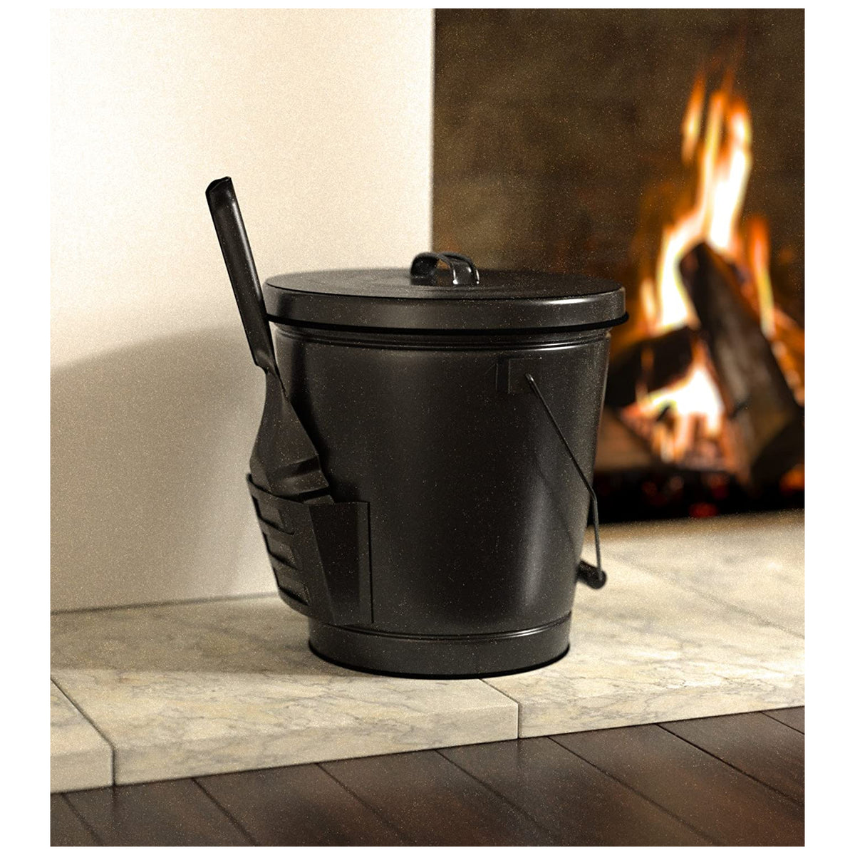 Panacea 15343 Fireplace Ash Bucket with Shovel, Black Powder Coated Steel