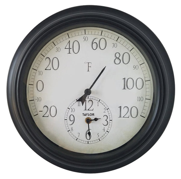 Taylor 91575 Easy-to-Read Thermometer with Clock, Quartz, 14"