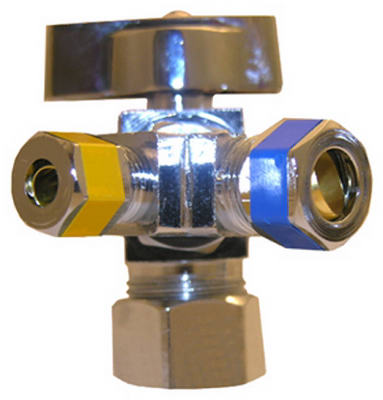 Lasco 06-9353 Quarter Turn 3 Way Angle Stop Valve, 5/8" x 3/8" x 1/4"