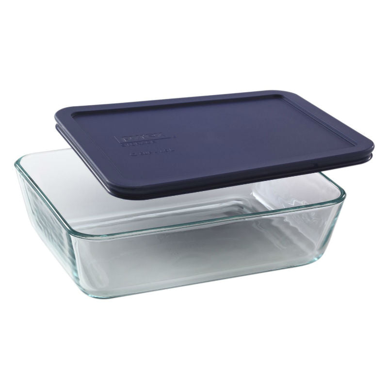 Pyrex® 6017396 Storage Rectangle Dish with Blue Lid, Clear Glass, 6 Cup
