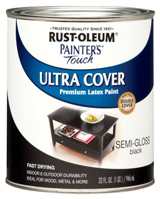 Rust-Oleum 1974-502 Painter's Touch Ultra Cover Latex Paint, 1 Qt, Semi-Gloss Black