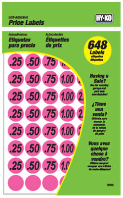 Hy-Ko 30102 Garage Sale Price Label, 3/4", Pink, 648-Piece