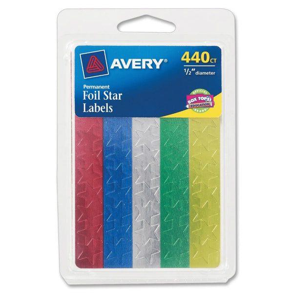Avery® 06007 Permanent Foil Star Labels, 1/2" Diameter, Assorted Colors
