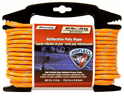 Secure Line Visiflect Reflective Poly Rope, 1/4" x 50', Safety Orange
