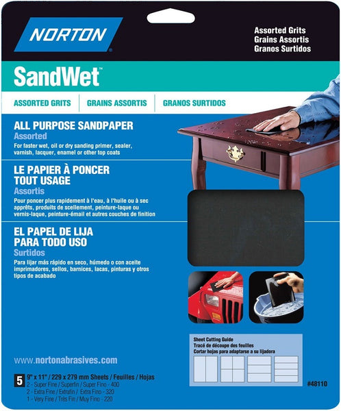 Norton® 07660748110 Wet Sanding Sheets, Assorted, 9" x 11", 5-Pack
