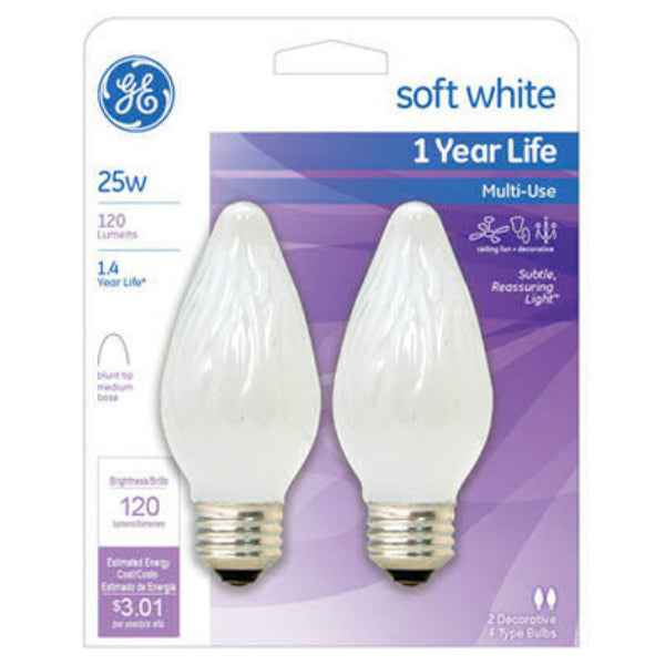 GE Lighting 75338 Flame Tip F15 Multi-Use Light Bulb, Soft White, 25W, 2-Pack