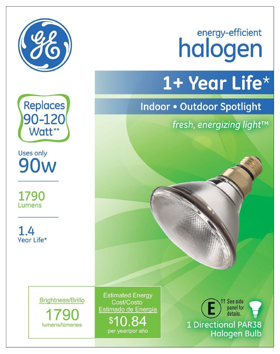 GE Lighting 62705 Energy-Efficient PAR38 Halogen Spotlight Bulb, 1600-Lumen, 90W