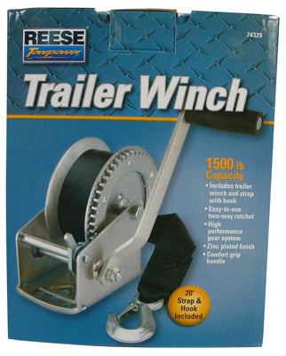 Reese Towpower 74329 Trailer Winch with 20' Strap & Hook, 1500 Lbs Capacity