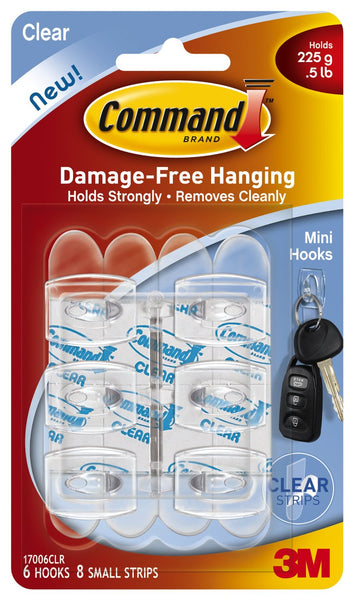 Command 17006CLR Mini Hooks with Adhesive Strips, Clear, 6 Hooks & 8 Strips