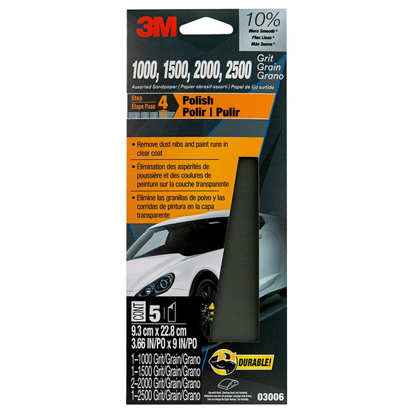 3M 03006 Wet Or Dry Automotive Sandpaper, 3-2/3" x 9", Assorted, 5-Count
