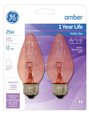 GE Lighting 75339 Flame Tip F15 Multi-Use Light Bulb, Amber, 25W, 2-Pack