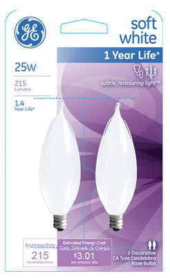 GE Lighting 66105 Bent Tip CA10 Candelabra Base Bulb, Frosted, 25W, 2-Pack