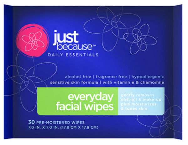 Just Because™ 9891 Pre-Moistened Everyday Facial Wipes, 30-Count