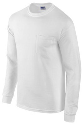 Gildan G2410WH-L Long Sleeve Cotton Pocket Tee Shirt, Large, White
