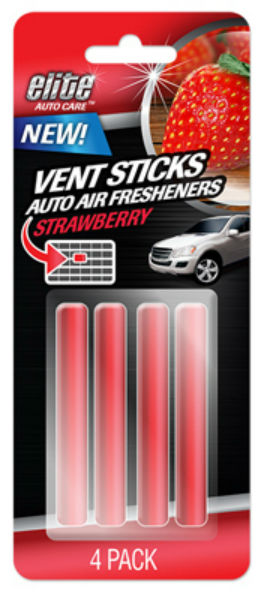 Elite Auto Care™ 8915 Vent Sticks Auto Air Fresheners, Strawberry Scent, 4-Pack