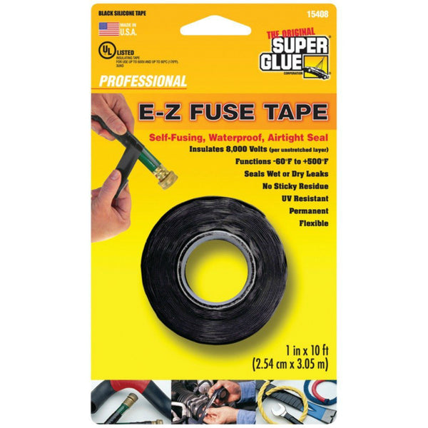 Super Glue 15408-12 E-Z Fuse Self-Fusing Waterproof Silicone Tape, 1"x10', Black