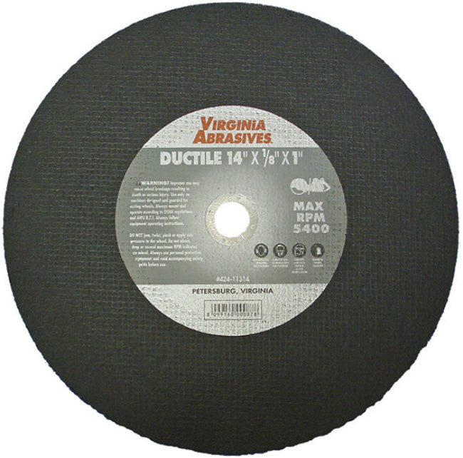 Virginia Abrasives™ 424-10914 Ductile Iron Bonded Cutoff Wheel, 14"x1/8"x20 mm