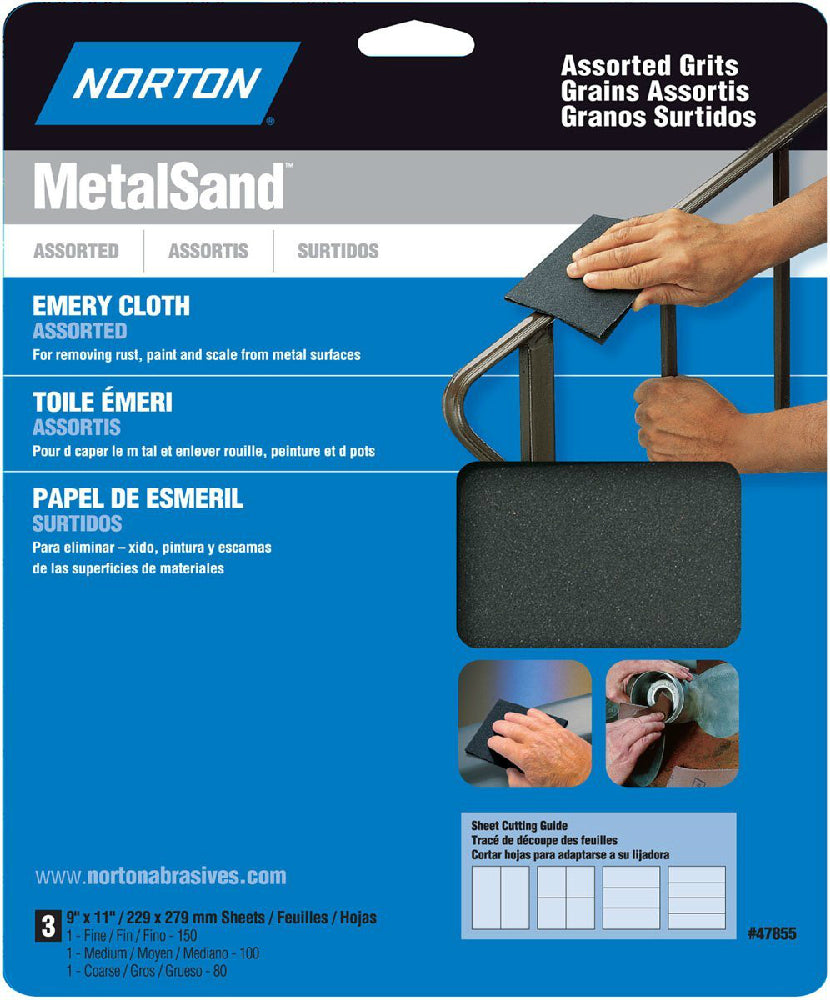 Norton® 07660747855 Emery Metal Sanding Sheets, Assorted, 9" x 11", 3-Pack