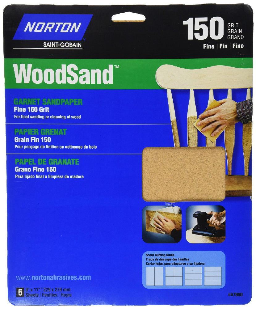 Norton® 07660747980 Garnet Wood Sanding Sheets, 150 Grit, 5-Pack