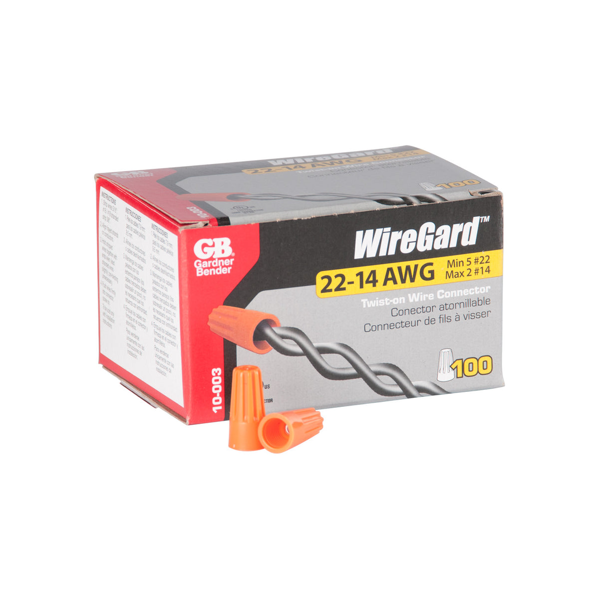 Gardner Bender 10-003 WireGard Twist-On Wire Connector 22-14 AWG, Orange, 100-Pk