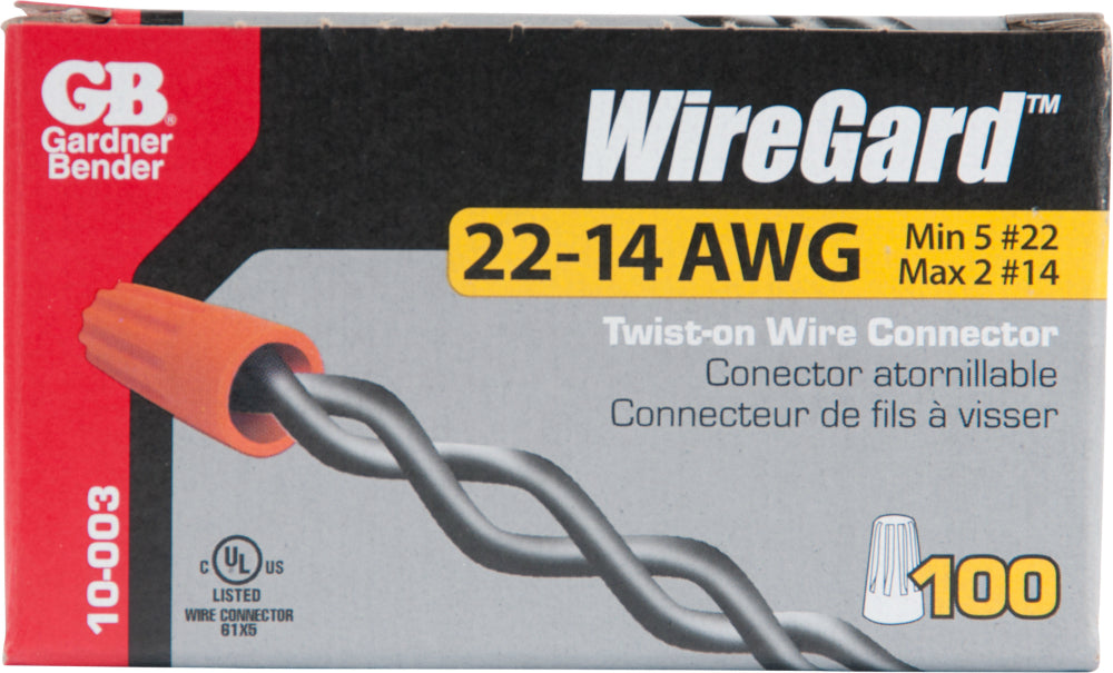 Gardner Bender 10-003 WireGard Twist-On Wire Connector 22-14 AWG, Orange, 100-Pk