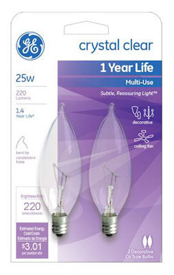 GE Lighting 66104 Bent Tip CA10 Candelabra Base Bulb, Crystal Clear, 25W, 2-Pack