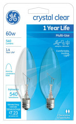 GE Lighting 76229 Blunt Tip B10 Candelabra Base Bulb, Crystal Clear, 60W, 2-Pack