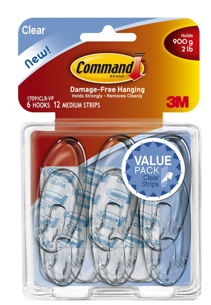 Command 17091CLR-6ES Clear Hook Value Pack, Medium, 6 Hooks & 12 Strips