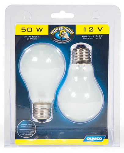 Camco 54894 Power Grip A-19 House Type Bulb, 50W, 12V, 2-Pack