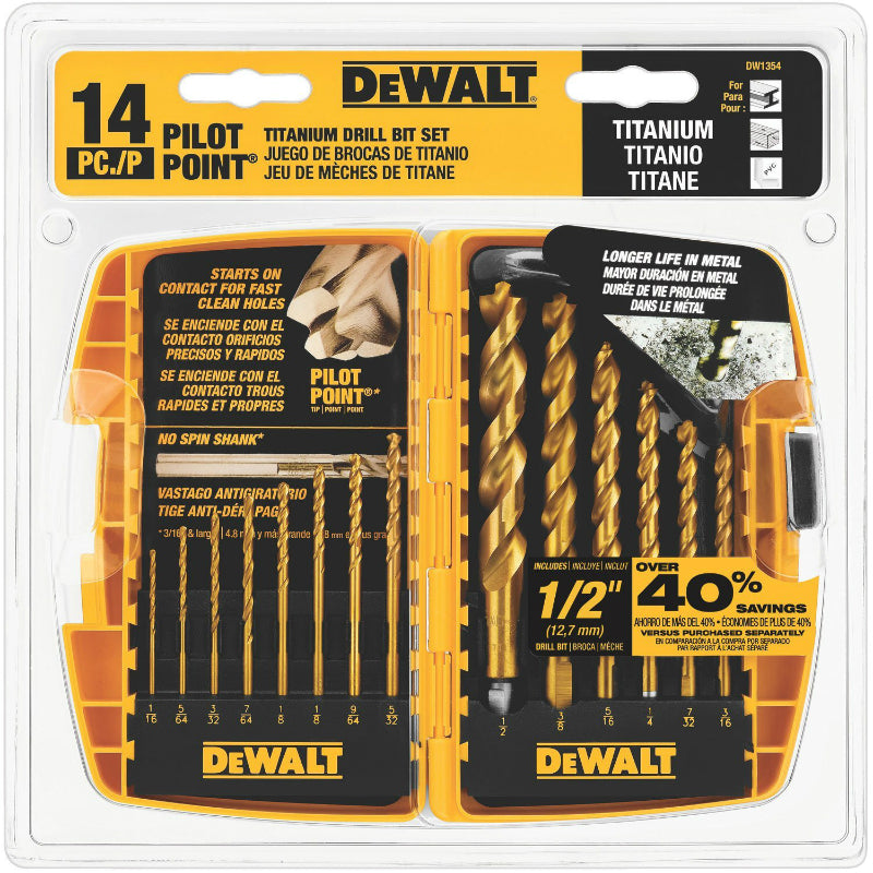 DeWalt® DW1354 Titanium Pilot Point Drill Bit Set, 14-Piece