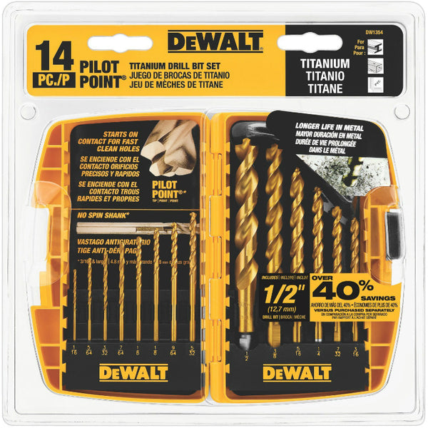 DeWalt® DW1354 Titanium Pilot Point Drill Bit Set, 14-Piece