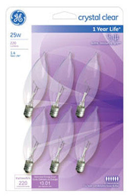 GE Lighting 75223 Bent Tip CA10 Candelabra Base Bulb, Crystal Clear, 25W, 6-Pack